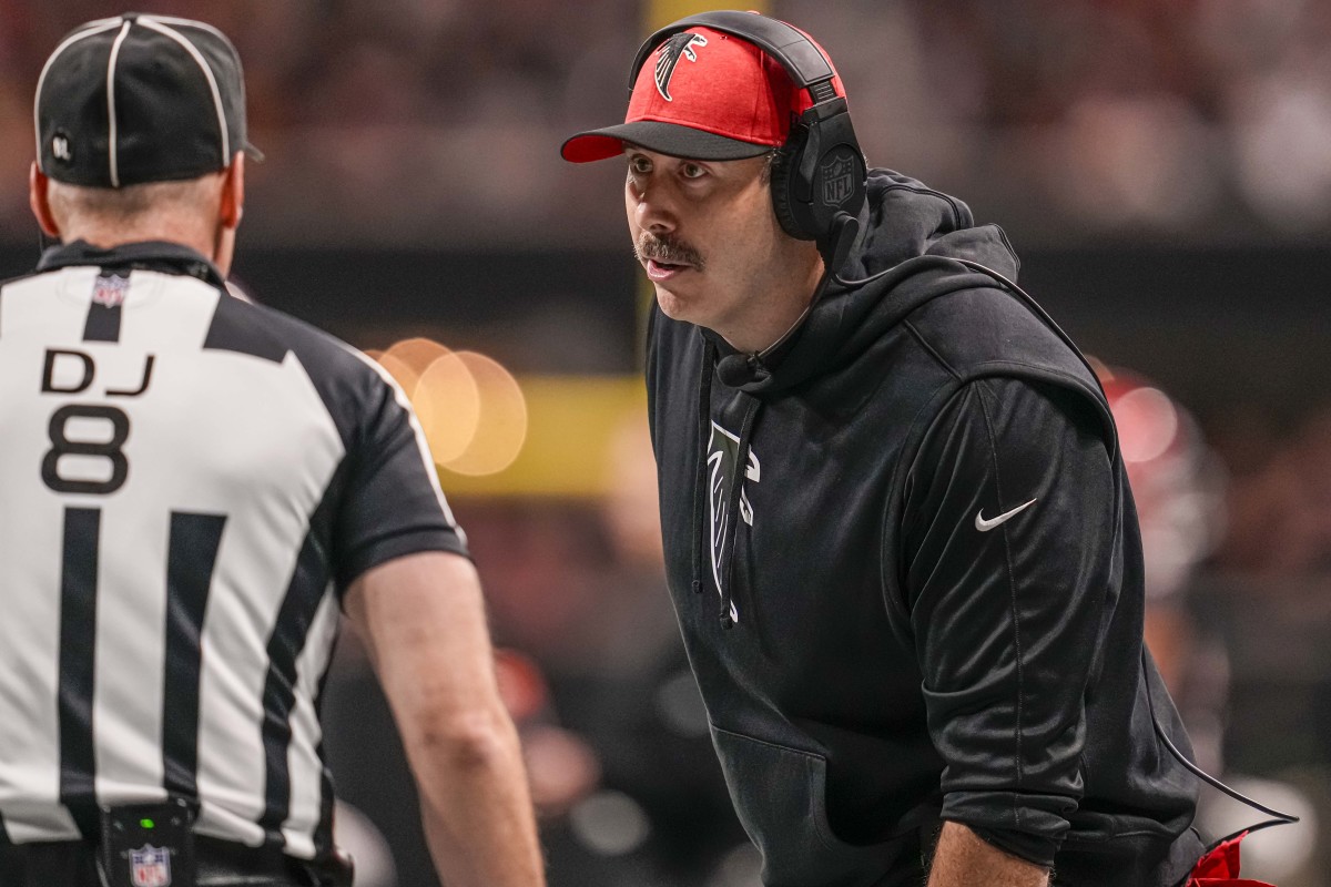 Oct 15, 2023; Atlanta, Georgia, USA; Atlanta Falcons head coach Arthur Smith shown reacting during the game against the Washington Commanders during the second half at Mercedes-Benz Stadium. Mandatory Credit: Dale Zanine-USA TODAY Sports